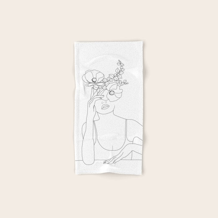 Minimal Line Art Woman with Flowers II Bath Towel Gallery Image 1
