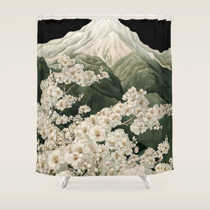 Japanese Floral Wall Art Mountain Poster Sage Green Wabi Sabi japandi  botanical Flower Painting Shower Curtain Gallery Image 1