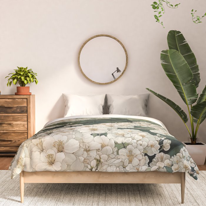 Japanese Floral Wall Art Mountain Poster Sage Green Wabi Sabi japandi  botanical Flower Painting Comforter Gallery Image 3