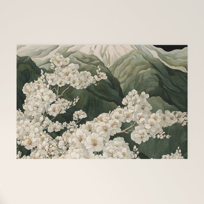 Japanese Floral Wall Art Mountain Poster Sage Green Wabi Sabi japandi  botanical Flower Painting Welcome Mat Gallery Image 1