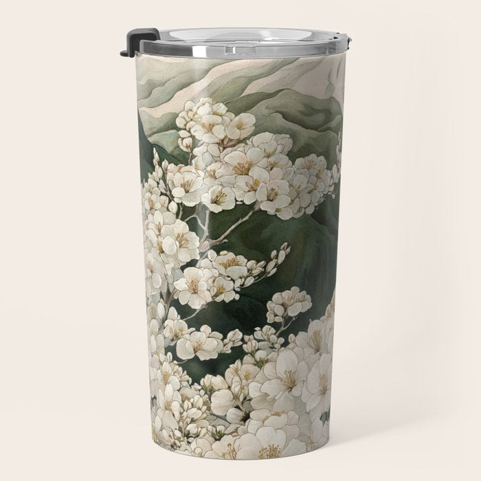 Japanese Floral Wall Art Mountain Poster Sage Green Wabi Sabi japandi  botanical Flower Painting Travel Mug Gallery Image 3