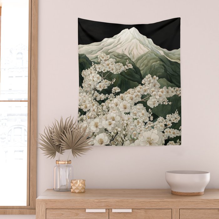Japanese Floral Wall Art Mountain Poster Sage Green Wabi Sabi japandi  botanical Flower Painting Wall Tapestry Gallery Image 2