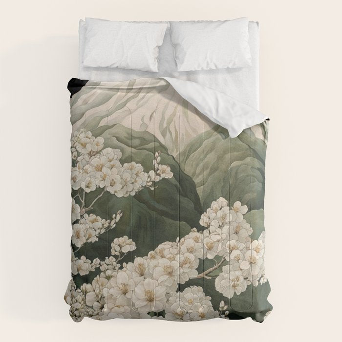 Japanese Floral Wall Art Mountain Poster Sage Green Wabi Sabi japandi  botanical Flower Painting Comforter Gallery Image 1