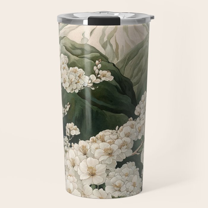 Japanese Floral Wall Art Mountain Poster Sage Green Wabi Sabi japandi  botanical Flower Painting Travel Mug Gallery Image 1