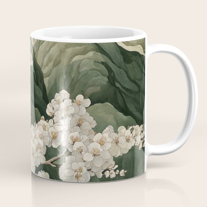 Japanese Floral Wall Art Mountain Poster Sage Green Wabi Sabi japandi  botanical Flower Painting Coffee Mug Gallery Image 1