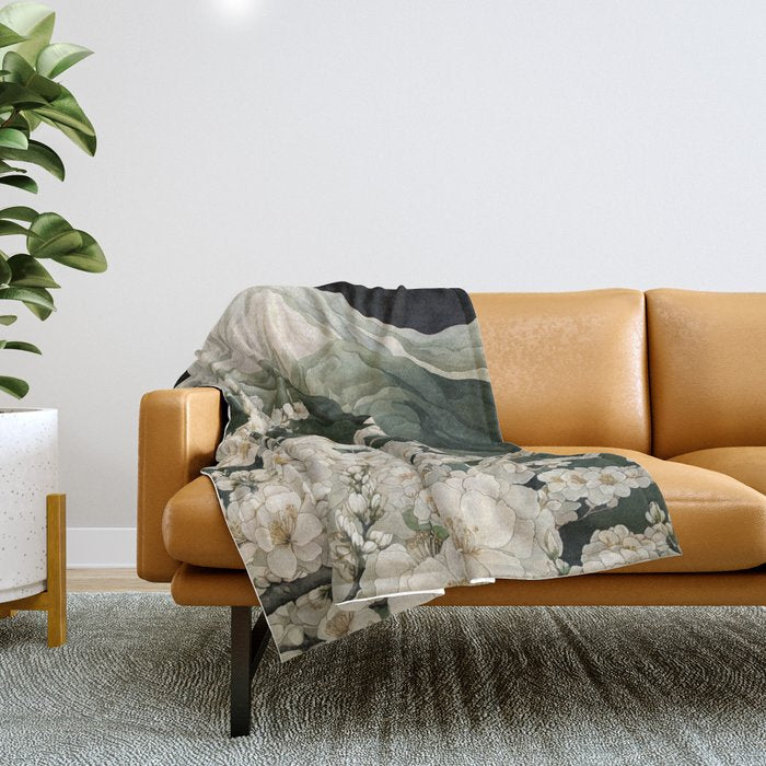Japanese Floral Wall Art Mountain Poster Sage Green Wabi Sabi japandi  botanical Flower Painting Throw Blanket Gallery Image 1