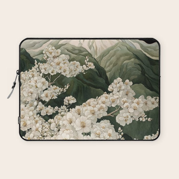 Japanese Floral Wall Art Mountain Poster Sage Green Wabi Sabi japandi  botanical Flower Painting Laptop Sleeve Gallery Image 1