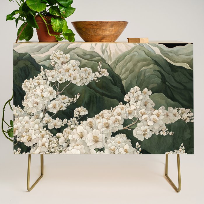 Japanese Floral Wall Art Mountain Poster Sage Green Wabi Sabi japandi  botanical Flower Painting Credenza Gallery Image 1