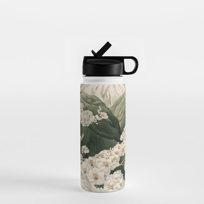 Japanese Floral Wall Art Mountain Poster Sage Green Wabi Sabi japandi  botanical Flower Painting Water Bottle Gallery Image 1