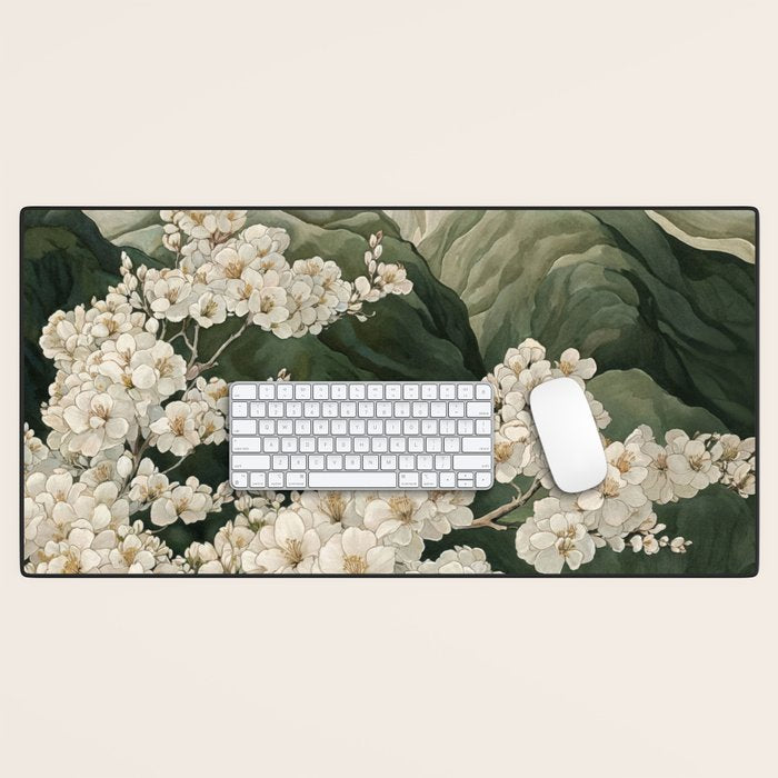 Japanese Floral Wall Art Mountain Poster Sage Green Wabi Sabi japandi  botanical Flower Painting Desk Mat Gallery Image 1