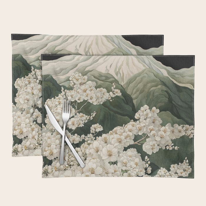 Japanese Floral Wall Art Mountain Poster Sage Green Wabi Sabi japandi  botanical Flower Painting Placemat Gallery Image 1