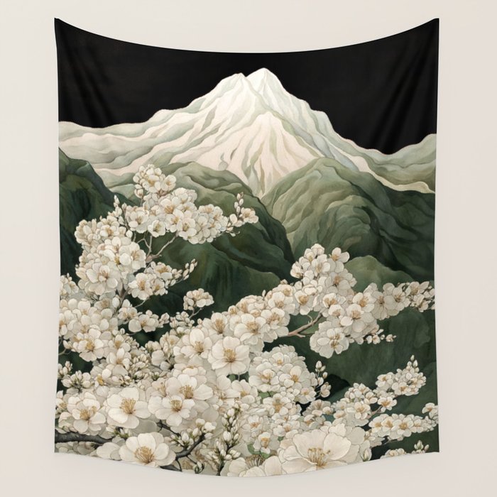Japanese Floral Wall Art Mountain Poster Sage Green Wabi Sabi japandi  botanical Flower Painting Wall Tapestry Gallery Image 4