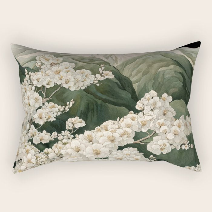 Japanese Floral Wall Art Mountain Poster Sage Green Wabi Sabi japandi  botanical Flower Painting Rectangular Pillow Gallery Image 2
