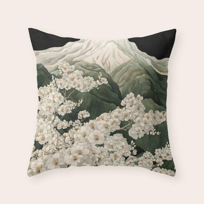 Japanese Floral Wall Art Mountain Poster Sage Green Wabi Sabi japandi  botanical Flower Painting Throw Pillow Gallery Image 1
