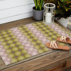 Nuanced echoing circles tell a story in a painterly way with soft muted hues Outdoor Rug Gallery Image 2
