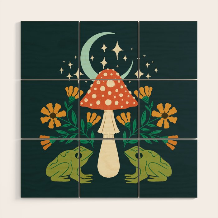 Moonlight Flower Frogs and Mushroom Wood Wall Art Gallery Image 1