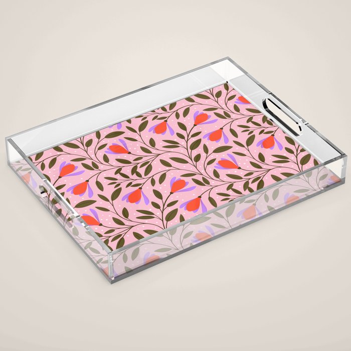 Delicate Magnolia Floral Pattern on Pink Acrylic Tray Gallery Image 1