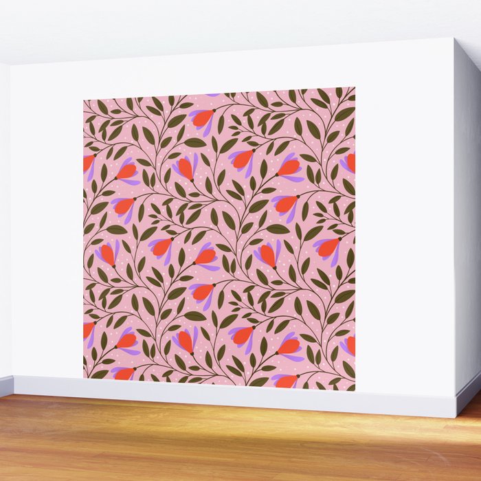 Delicate Magnolia Floral Pattern on Pink Wall Mural Gallery Image 2