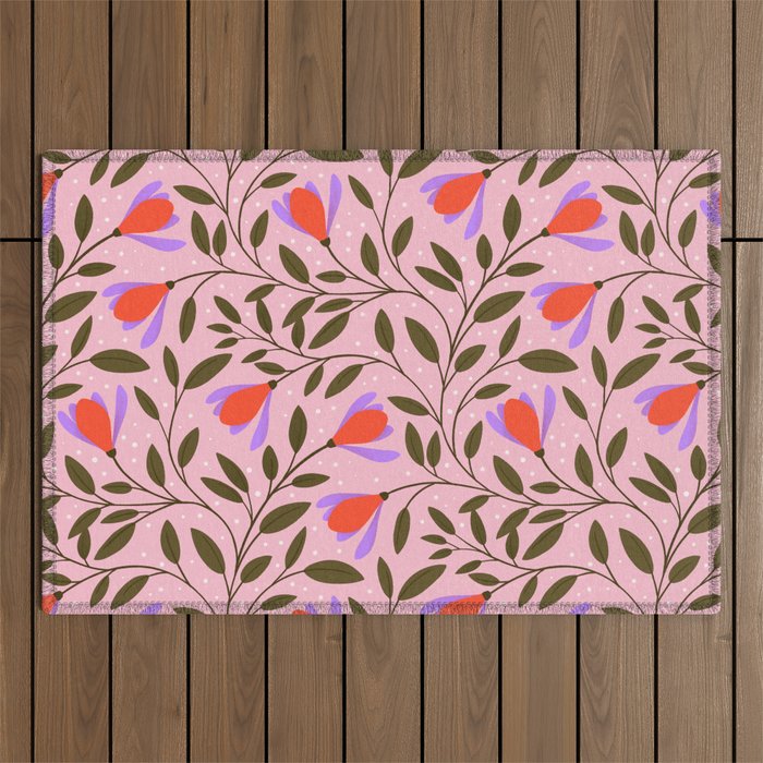 Delicate Magnolia Floral Pattern on Pink Outdoor Rug Gallery Image 1