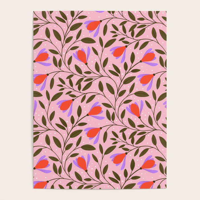 Delicate Magnolia Floral Pattern on Pink Poster Gallery Image 4