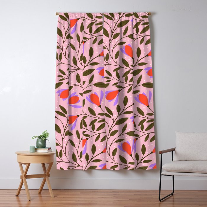 Delicate Magnolia Floral Pattern on Pink Window Curtain Gallery Image 1