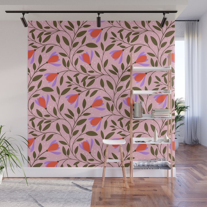 Delicate Magnolia Floral Pattern on Pink Wall Mural Gallery Image 1