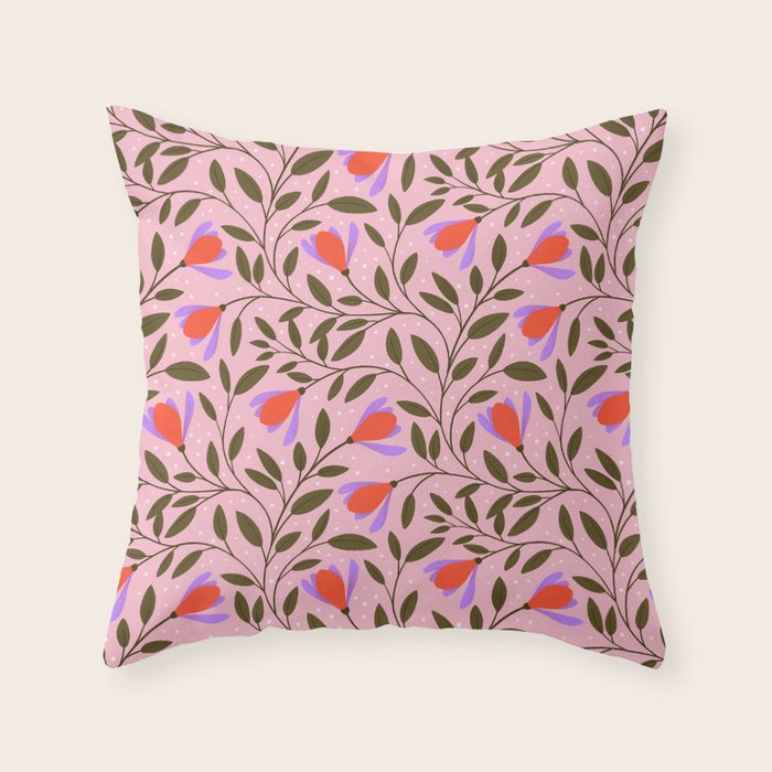 Delicate Magnolia Floral Pattern on Pink Throw Pillow Gallery Image 1