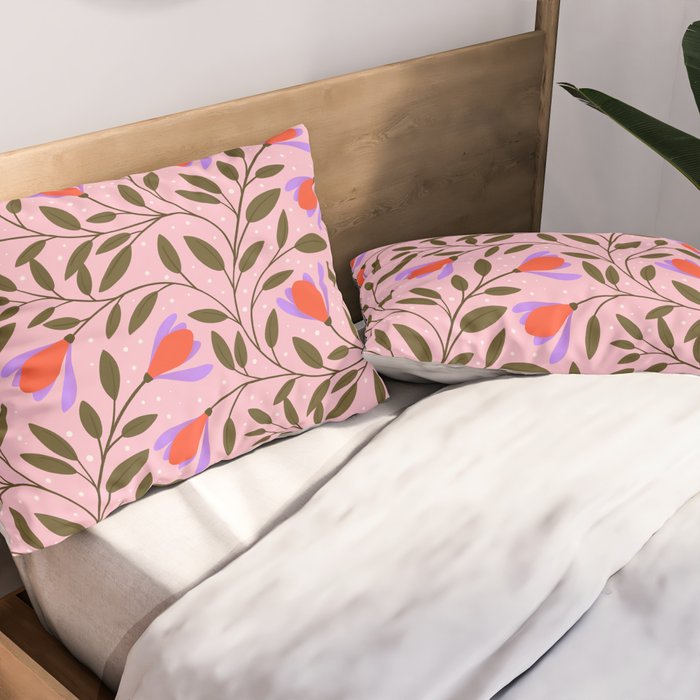 Delicate Magnolia Floral Pattern on Pink Pillow Sham Gallery Image 2