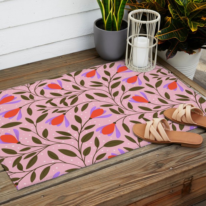 Delicate Magnolia Floral Pattern on Pink Outdoor Rug Gallery Image 2