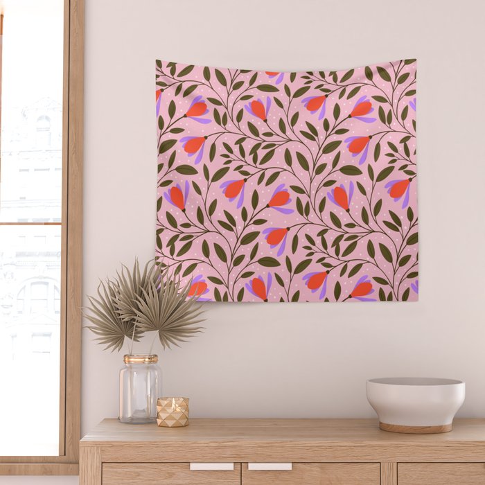 Delicate Magnolia Floral Pattern on Pink Wall Tapestry Gallery Image 2