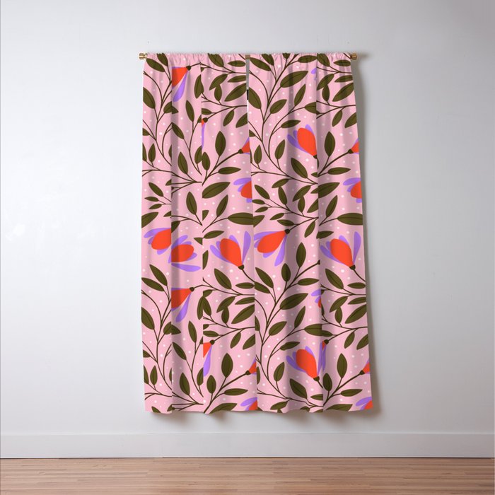 Delicate Magnolia Floral Pattern on Pink Window Curtain Gallery Image 3