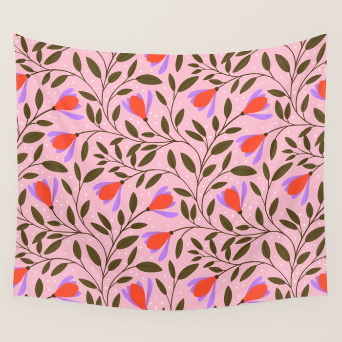 Delicate Magnolia Floral Pattern on Pink Wall Tapestry Gallery Image 4