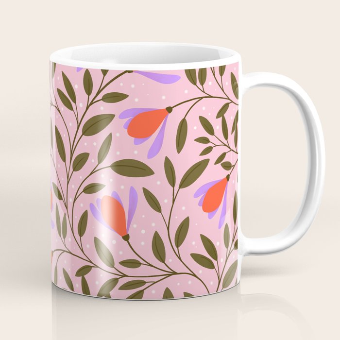 Delicate Magnolia Floral Pattern on Pink Coffee Mug Gallery Image 1
