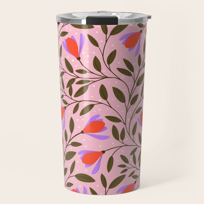 Delicate Magnolia Floral Pattern on Pink Travel Mug Gallery Image 1