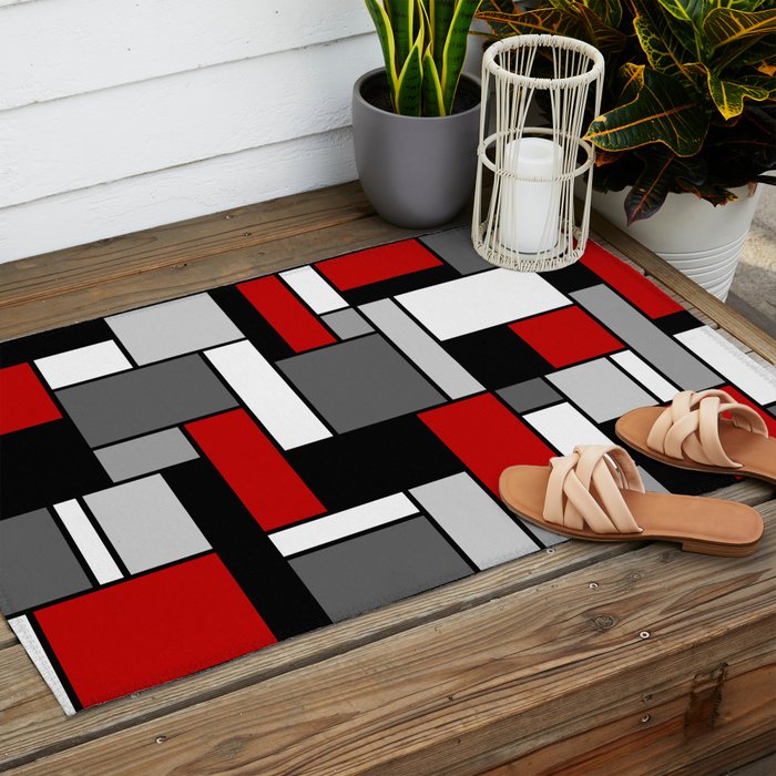 Mid Century Modern Color Blocks in Red, Gray, Black and White Outdoor Rug Gallery Image 2