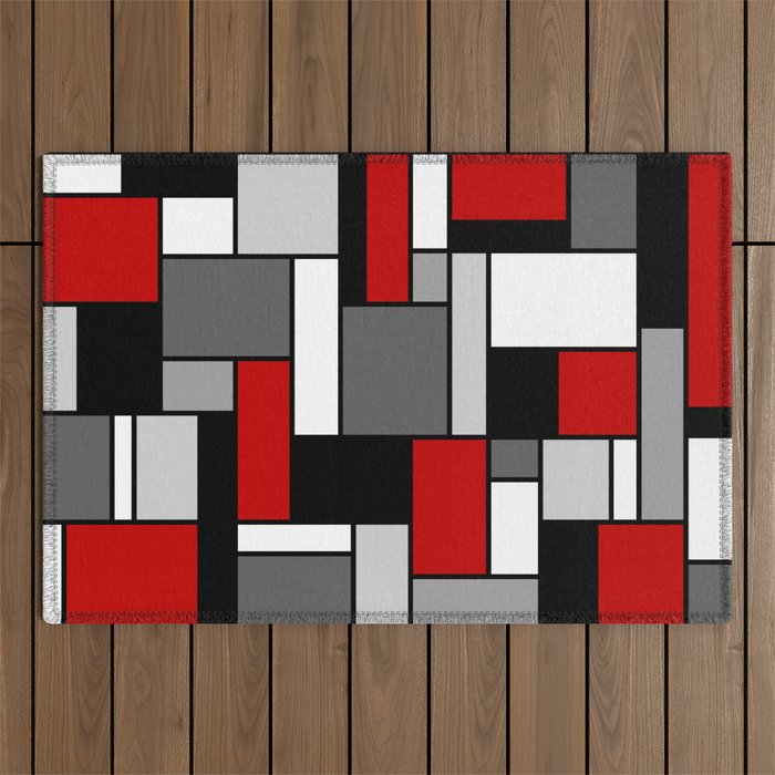 Mid Century Modern Color Blocks in Red, Gray, Black and White Outdoor Rug Gallery Image 1