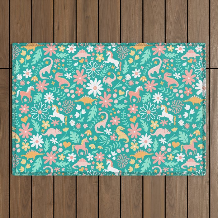 Dinosaurs + Unicorns on Teal Outdoor Rug Gallery Image 1