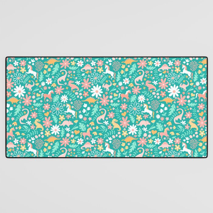Dinosaurs + Unicorns on Teal Desk Mat Gallery Image 3