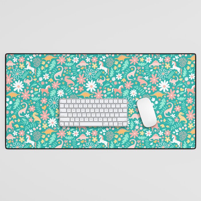 Dinosaurs + Unicorns on Teal Desk Mat Gallery Image 1