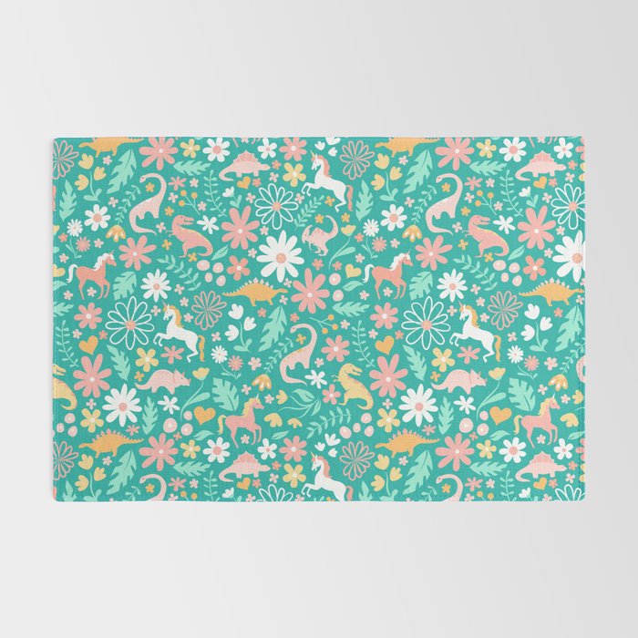 Dinosaurs + Unicorns on Teal Rug Gallery Image 2