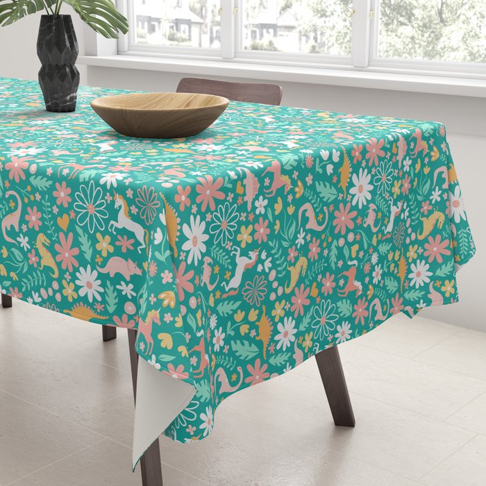 Dinosaurs + Unicorns on Teal Tablecloth Gallery Image 3