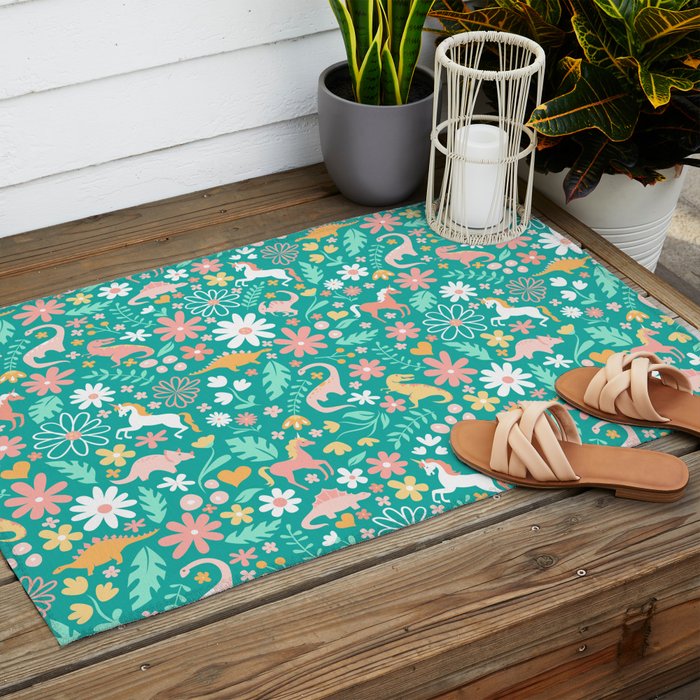 Dinosaurs + Unicorns on Teal Outdoor Rug Gallery Image 2