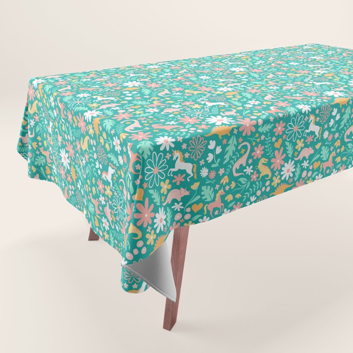 Dinosaurs + Unicorns on Teal Tablecloth Gallery Image 1