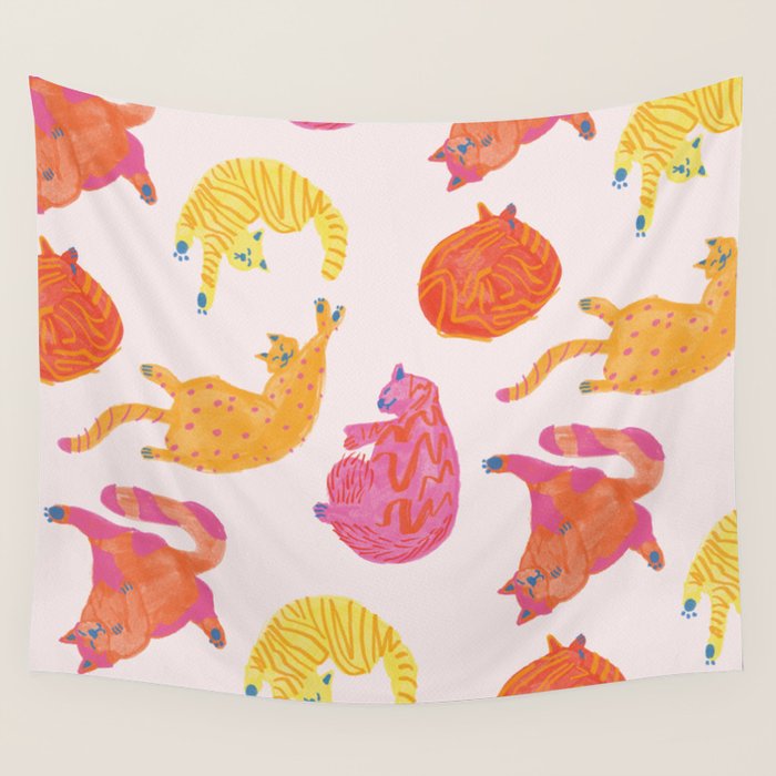 Sleepy Cozy Kitty Cats in Orange & Peach Wall Tapestry Gallery Image 1