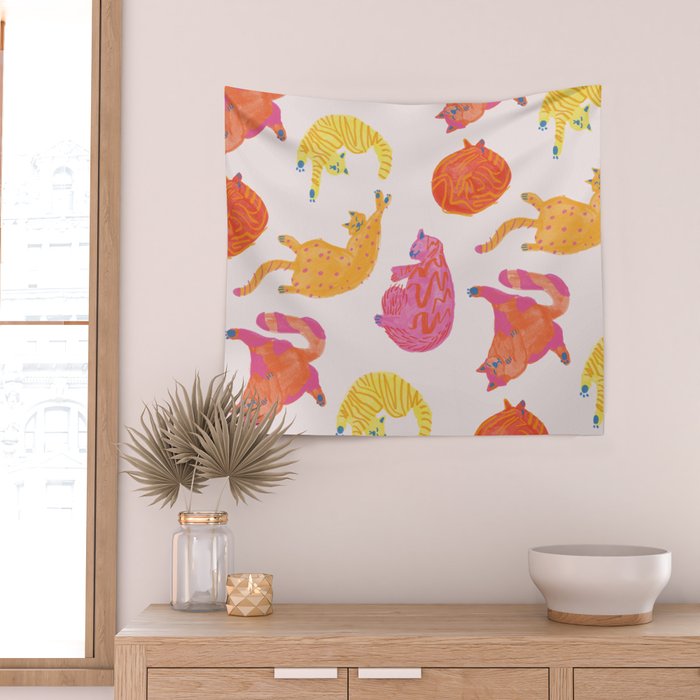 Sleepy Cozy Kitty Cats in Orange & Peach Wall Tapestry Gallery Image 2