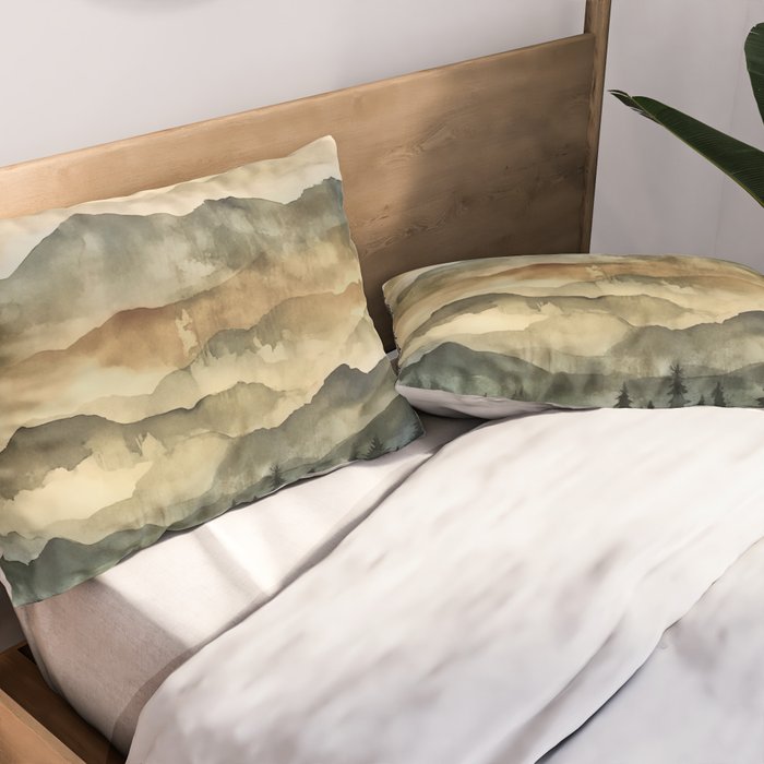 Misty Mountains Watercolor Landscape Pillow Sham Gallery Image 2