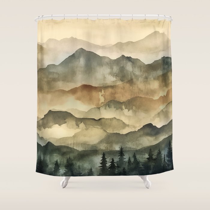 Misty Mountains Watercolor Landscape Shower Curtain Gallery Image 1