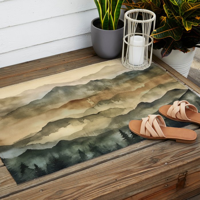Misty Mountains Watercolor Landscape Outdoor Rug Gallery Image 2