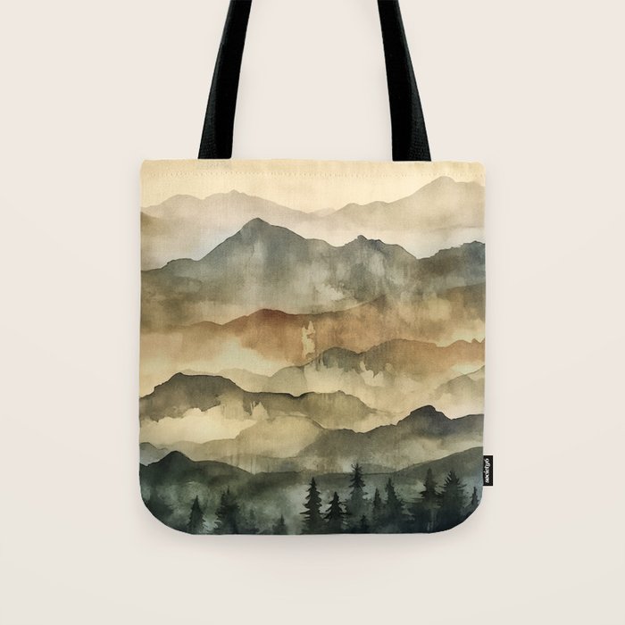 Misty Mountains Watercolor Landscape Tote Bag Gallery Image 1