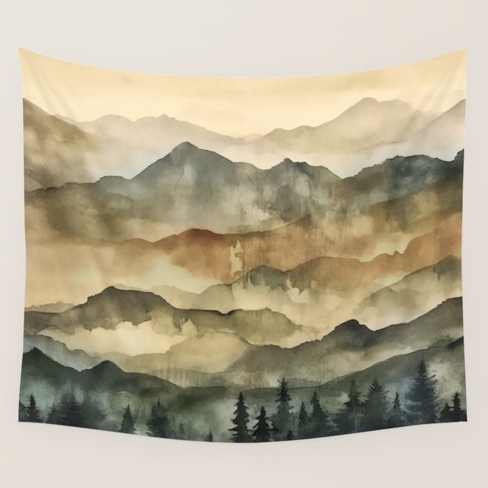 Misty Mountains Watercolor Landscape Wall Tapestry Gallery Image 1
